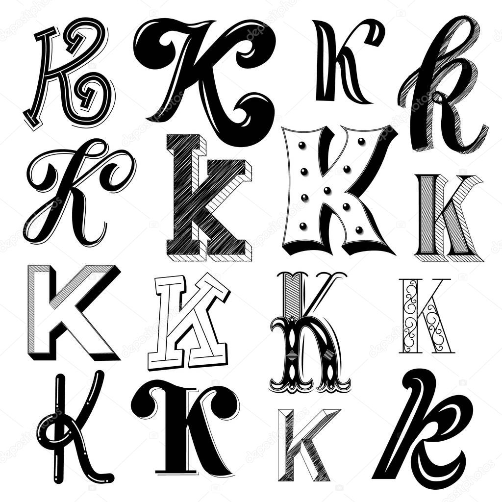 Hand drawn set of different writing styles for letter K