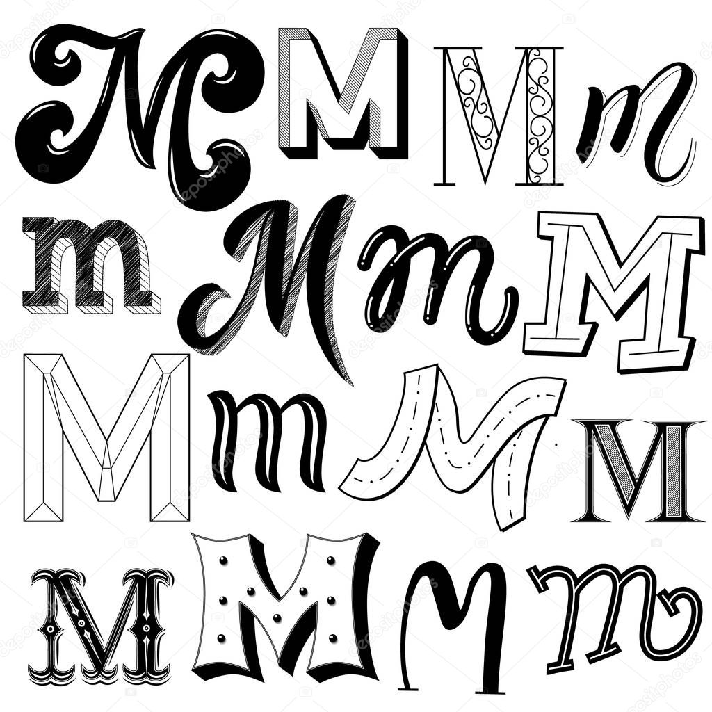 Hand drawn set of different writing styles for letter M