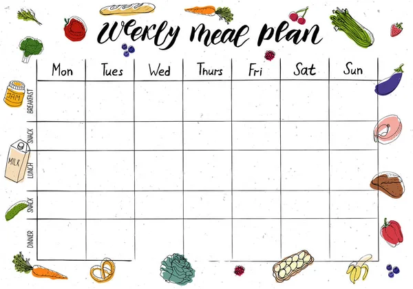 Cute A4 template for weekly and daily meal planner with lettering and doodle drawings of food. — 스톡 벡터