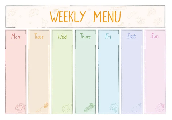 Cute A4 template for weekly menu with lettering and doodle drawings of food. — Stok Vektör