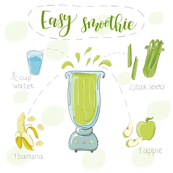 Ilustrace receptu na koktejl z banánového celeru a jablek v mixéru. Vektor — Stockový vektor