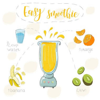 Illustration of smoothie recipe from kiwi, orange and banana in a blender. Vector
