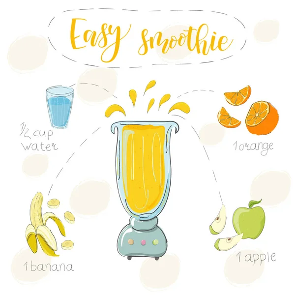 Ilustrace receptu na koktejl z banánu, pomeranče a jablka v mixéru. Vektor — Stockový vektor