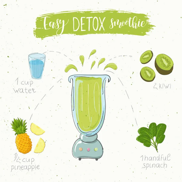 Illustration eines Detox-Smoothie-Rezepts aus Spinat-Ananas und Kiwi im Mixer. Vektor — Stockvektor