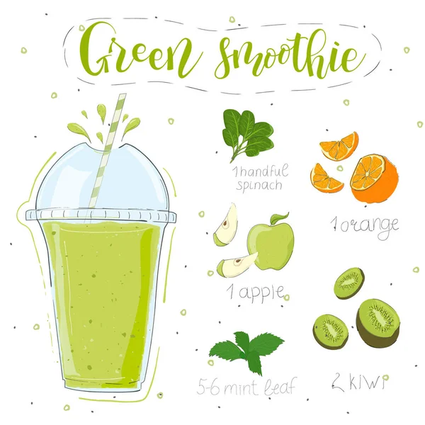 Zielony przepis smoothie. Z ilustracją składników. Ręcznie narysuj szpinak, pomarańczę, jabłko, kiwi, miętę. Styl bazgrołów — Wektor stockowy