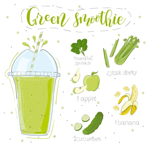 Green smoothie recipe. With illustration of ingredients. Doodle style — Stock Vector