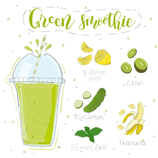 Receita de batido verde. Com ilustração de ingredientes. Mão desenhar limão, kiwi, pepino, banana, hortelã. Estilo doodle — Vetor de Stock