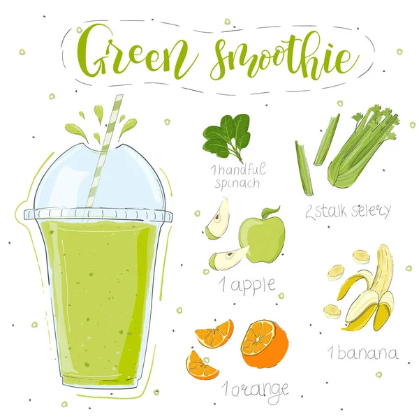 Receita de batido verde. Com ilustração de ingredientes. Mão desenhar espinafre, aipo, maçã, banana, laranja. Estilo doodle — Vetor de Stock