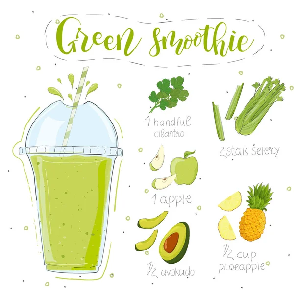 Zielony przepis smoothie. Z ilustracją składników. Ręcznie rysować kolendrę, seler, jabłko, ananas, awokado. Styl bazgrołów — Wektor stockowy