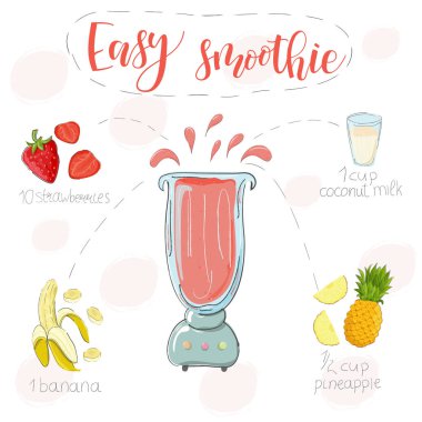 Kolay smoothie tarifi. Malzemelerin resimleriyle birlikte. Çilek, muz, ananas. Doodle tarzı