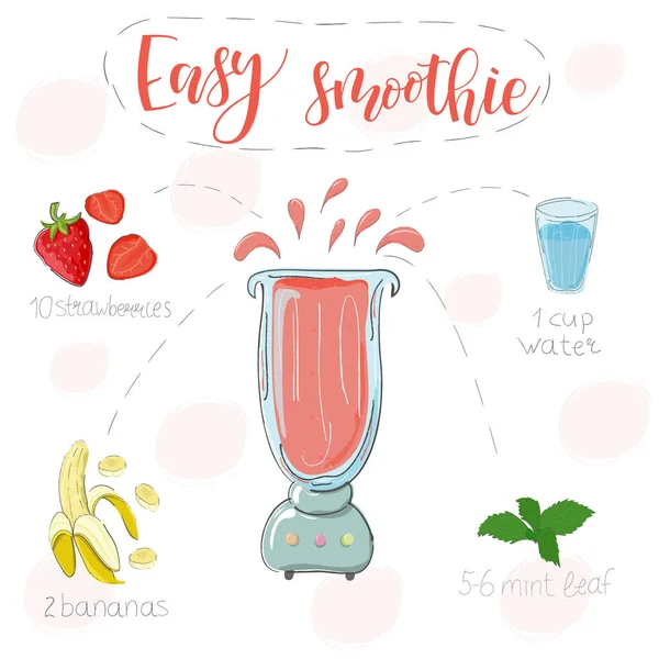 Easy smoothie recipe. With illustration of ingredients. Hand drawstrawberries, banana, mint. Doodle style — Stock Vector