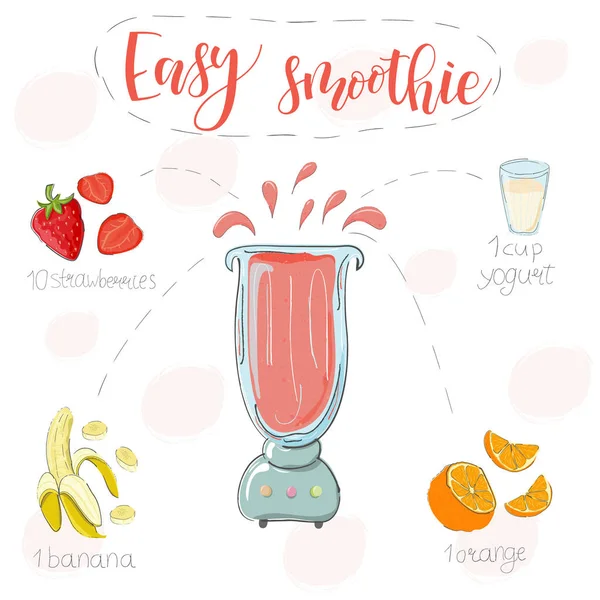 Easy smoothie recipe. With illustration of ingredients. Hand draw strawberries, banana, orange. Doodle style — Stock Vector