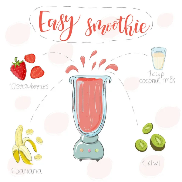 Snadný recept na koktejl. S ilustrací ingrediencí. Ručně kreslit jahody, banány, kiwi. Styl Doodle — Stockový vektor