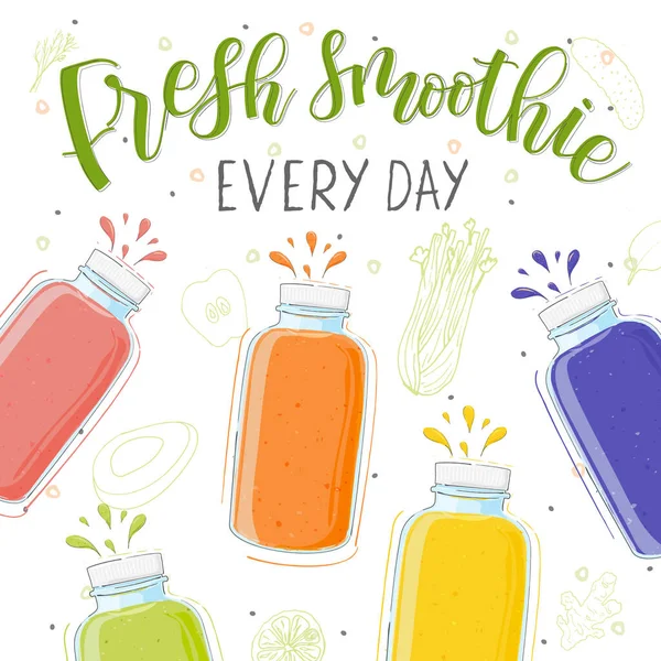 Fresh smoothie in different bottles. Every day. Superfoods and health or detox diet food concept in doodle style. — Stock Vector