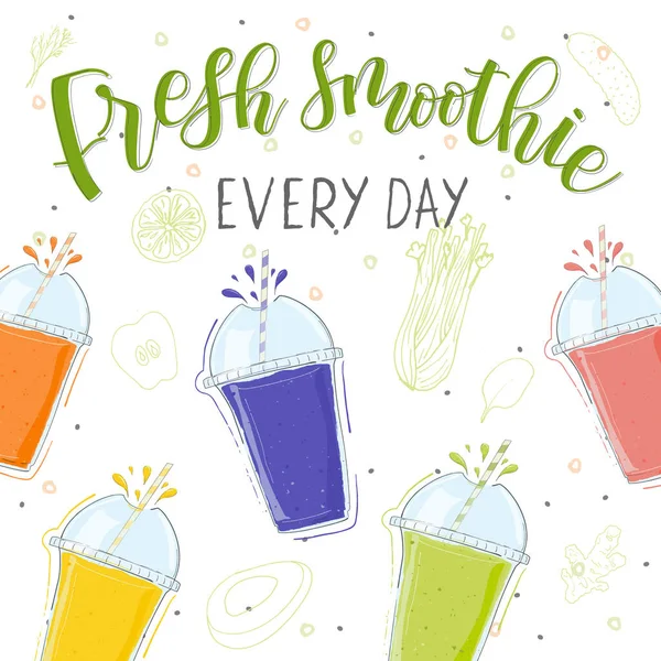 Smoothie fresco em copos diferentes. Todos os dias. Superalimentos e saúde ou desintoxicação dieta conceito de alimentos em estilo doodle . — Vetor de Stock