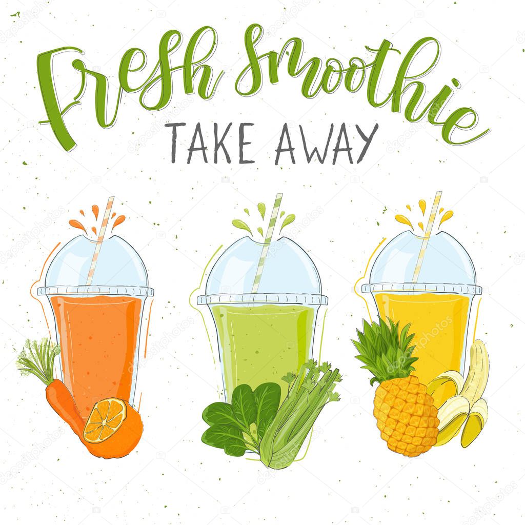 Fresh smoothie in different cups. Take away. Superfoods and health or detox diet food concept in doodle style.