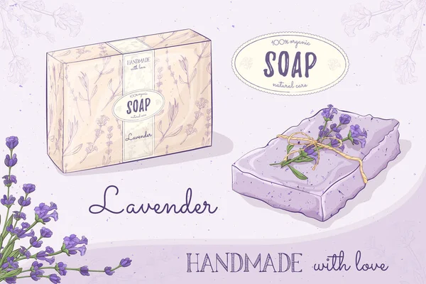 Handgemachte Naturseife Lavendel. Vektor-handgezeichnete Illustration handgemachter Seife mit Blumen und Schriftzug. — Stockvektor