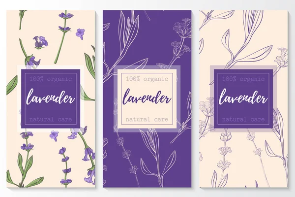 Set vettoriale di banner verticali cosmetici naturali lavanda su un modello senza soluzione di continuità . Illustrazione Stock