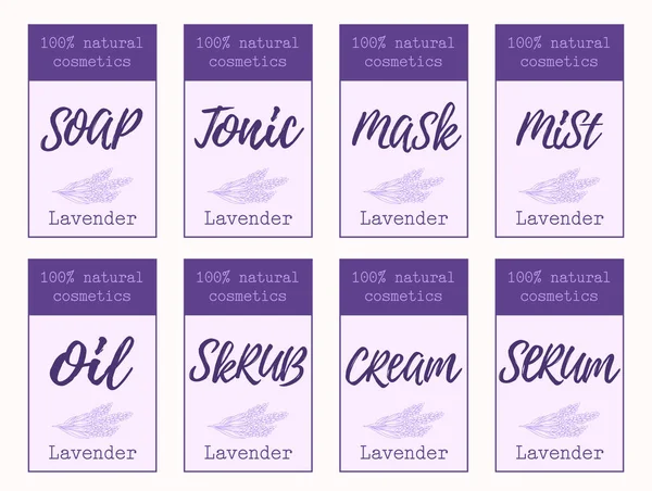 Set de etiquetas para el diseño de envases de cosméticos de lavanda. Cosmética ecológica y cuidado natural . — Vector de stock