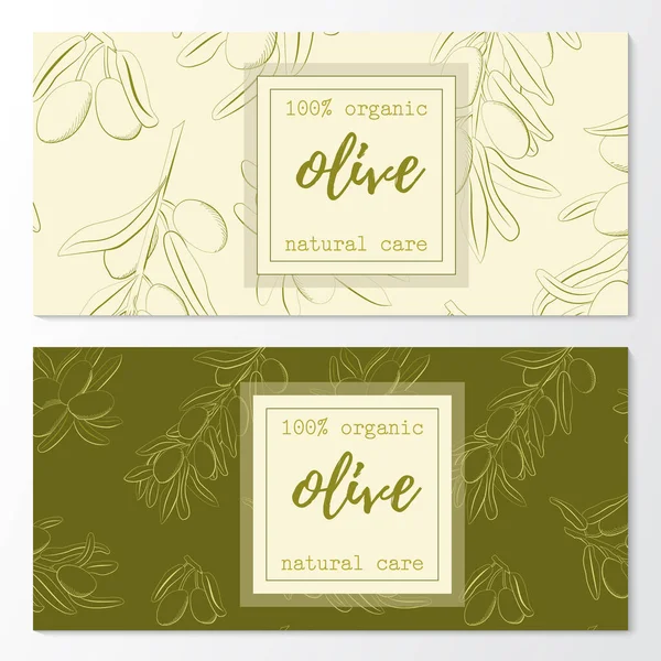 Vector set of olive natural cosmetic horizontal banners on a pattern. — 图库矢量图片