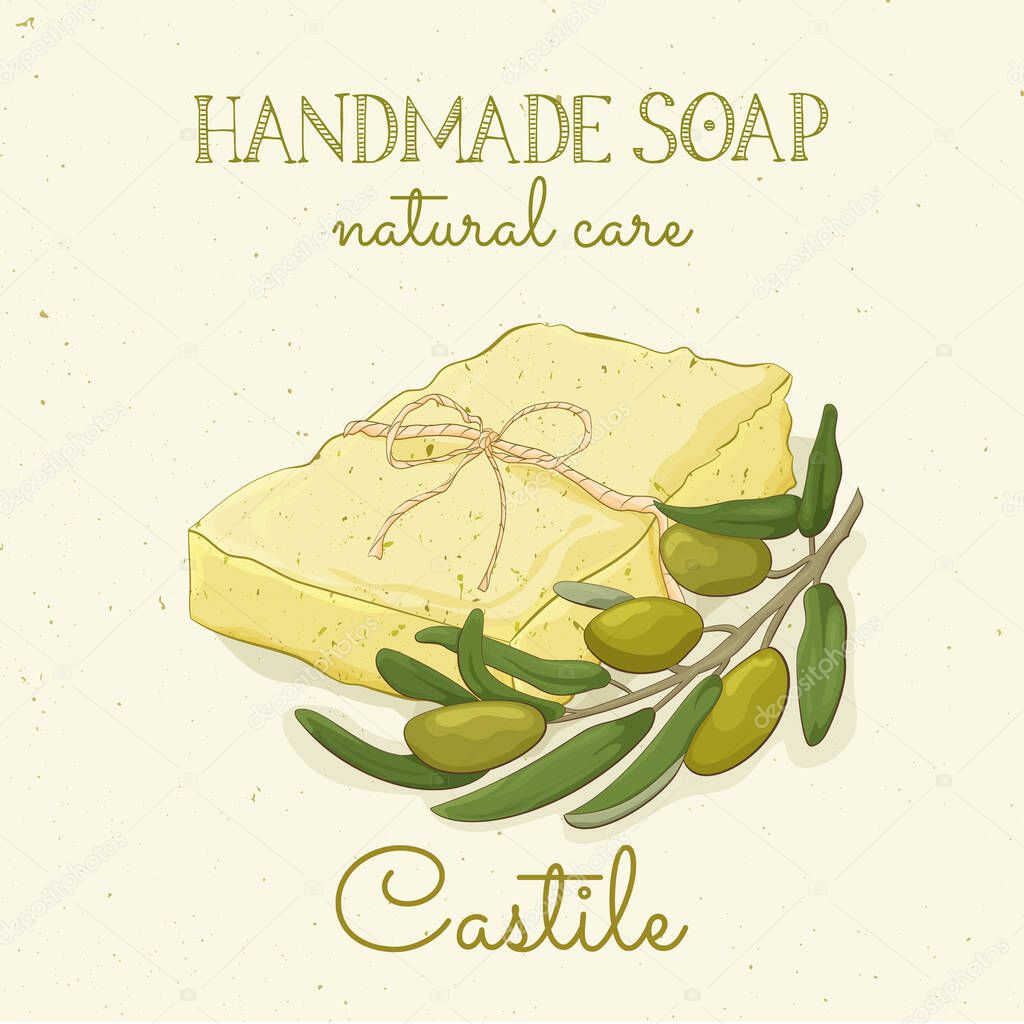 Handmade castile soap. Olive soap. Vector hand drawn illustration. Isolated, with flowers lavander and lettering.