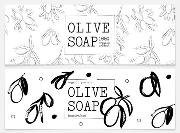 Set de envases de jabón natural con aceituna. Jabón natural cosmético orgánico. Ilustración dibujada a mano vectorial. Diseño en blanco y negro . — Vector de stock