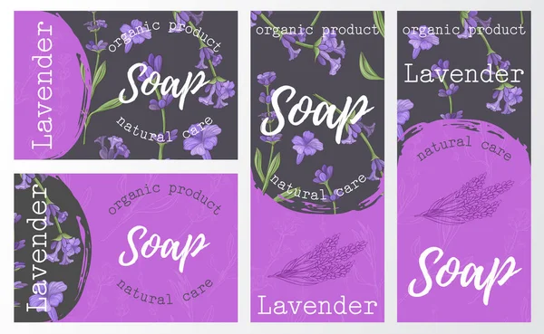 Set packaging of natural soap with lavender. Organic cosmetic natural soap. Vector hand drawn illustration.