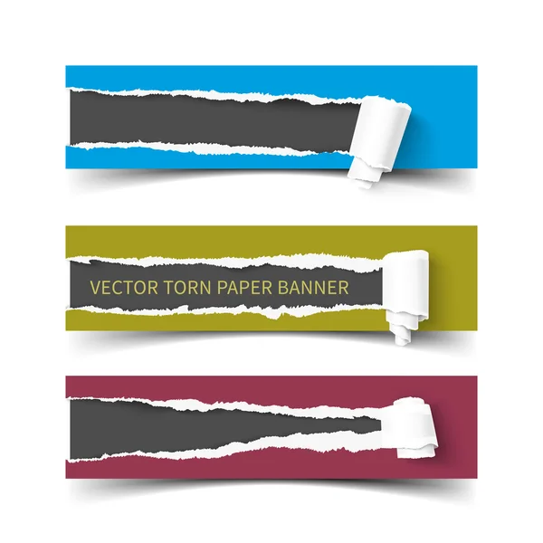 Set of three vector torn paper banners with rolls — Stock Vector