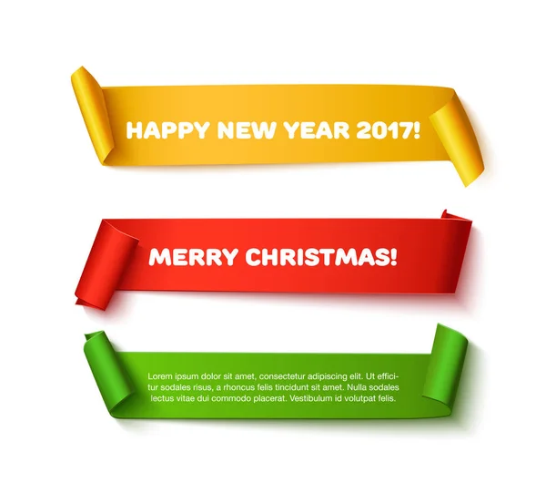 Merry Christmas papier roll banners met realistische schaduw. Gelukkig Nieuwjaar 2017 set van rood, groen en goud vector kartonnen scroll geïsoleerd op een witte achtergrond voor poster of wenskaart. — Stockvector