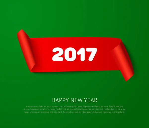 Felice anno nuovo 2017 banner rotolo di carta con ombra realistica. Rotolo di cartone vettoriale rosso isolato su sfondo verde per poster o biglietto di auguri . — Vettoriale Stock