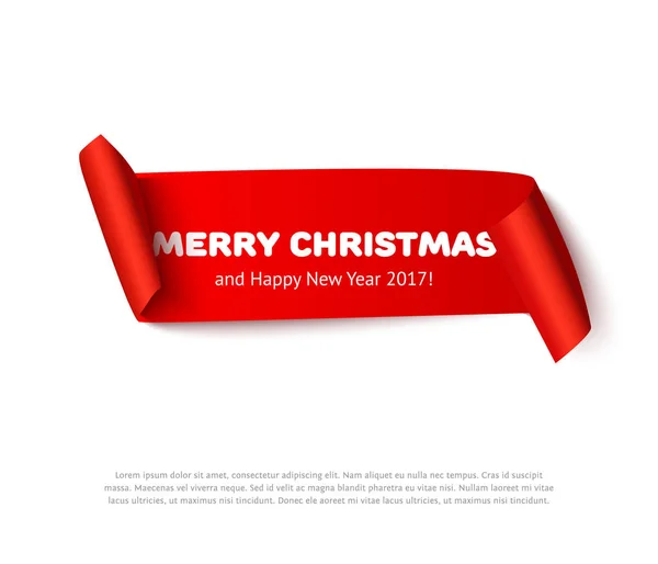 Very Merry christmas papier roll banner met realistische schaduw. Rode vector karton schuiven geïsoleerd op witte achtergrond voor poster of wenskaart, reclame — Stockvector
