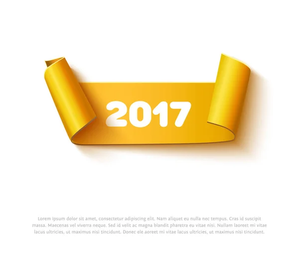 Felice anno nuovo 2017 banner rotolo di carta con ombra realistica. Rotolo di cartone vettoriale giallo oro isolato su sfondo bianco per poster o biglietto di auguri . — Vettoriale Stock