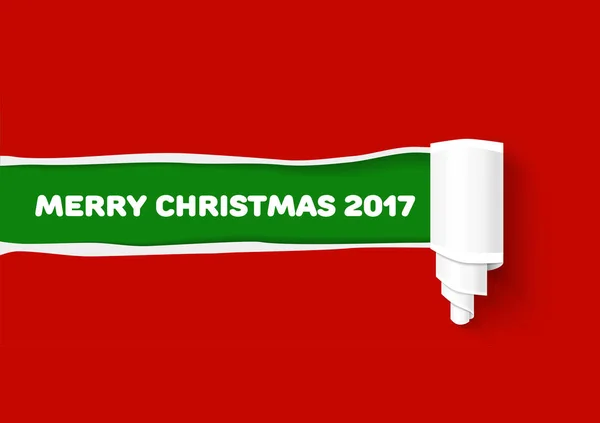 Merry Christmas colors illustration. New Year green vector torn edge template and paper roll with rough fringe. Hole in red cardboard teared sides so as scroll. — Stock Vector