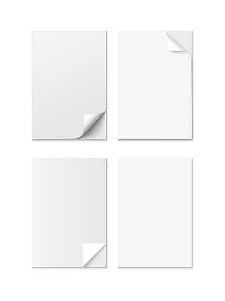 Set di fogli di carta formato A4 bianco con diversi angoli arricciati, vettore realistico — Vettoriale Stock