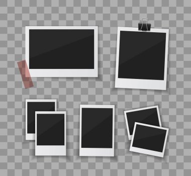 Her anı hatırlıyorum. Vektör fotoğrafları yapışabilir aşağı kağıt teyp veya ataç ile ayarlayın. Retro fotos şeffaf arka plan üzerinde. Anlık fotoğraf çerçevesi koleksiyonu.