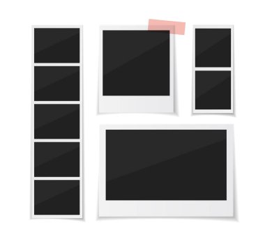 Her andan zevk alıyorum. Vektör photobooth ve fotoğraf kağıt bant ile aşağı yapışabilir ayarlayın. Beyaz arka plan üzerinde Retro anlık fotos