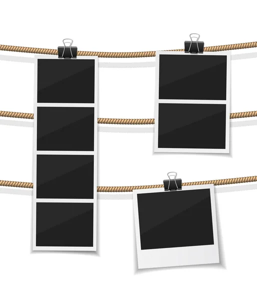 Set of vector photobooth and  photos hanged on rope. Realistic retro style instant fotos with thread. Remember the moment — Stock Vector