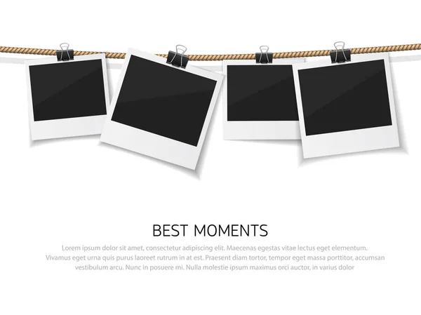 Conjunto de fotos vectoriales colgadas en la cuerda. Fotos instantáneas realistas de estilo retro con hilo. Recuerda el momento — Archivo Imágenes Vectoriales