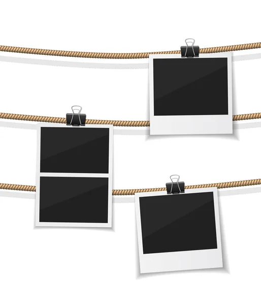 Set of vector photo hanged on rope. Realistic retro style instant fotos with thread. Remember the moment — Stock Vector