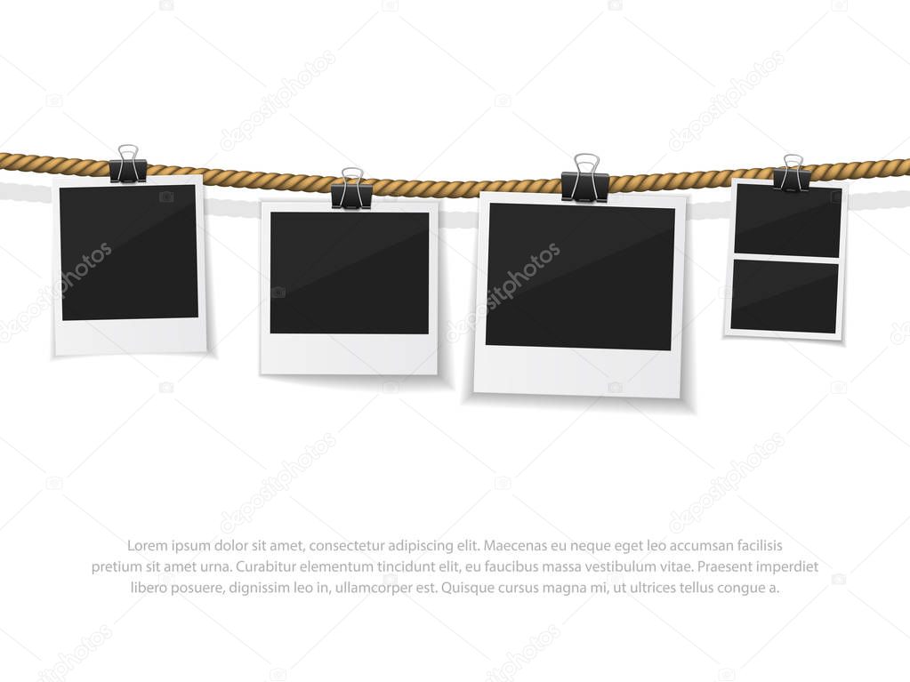 Set of vector  photo hanged on rope. Realistic retro style instant fotos with thread. Collect moments