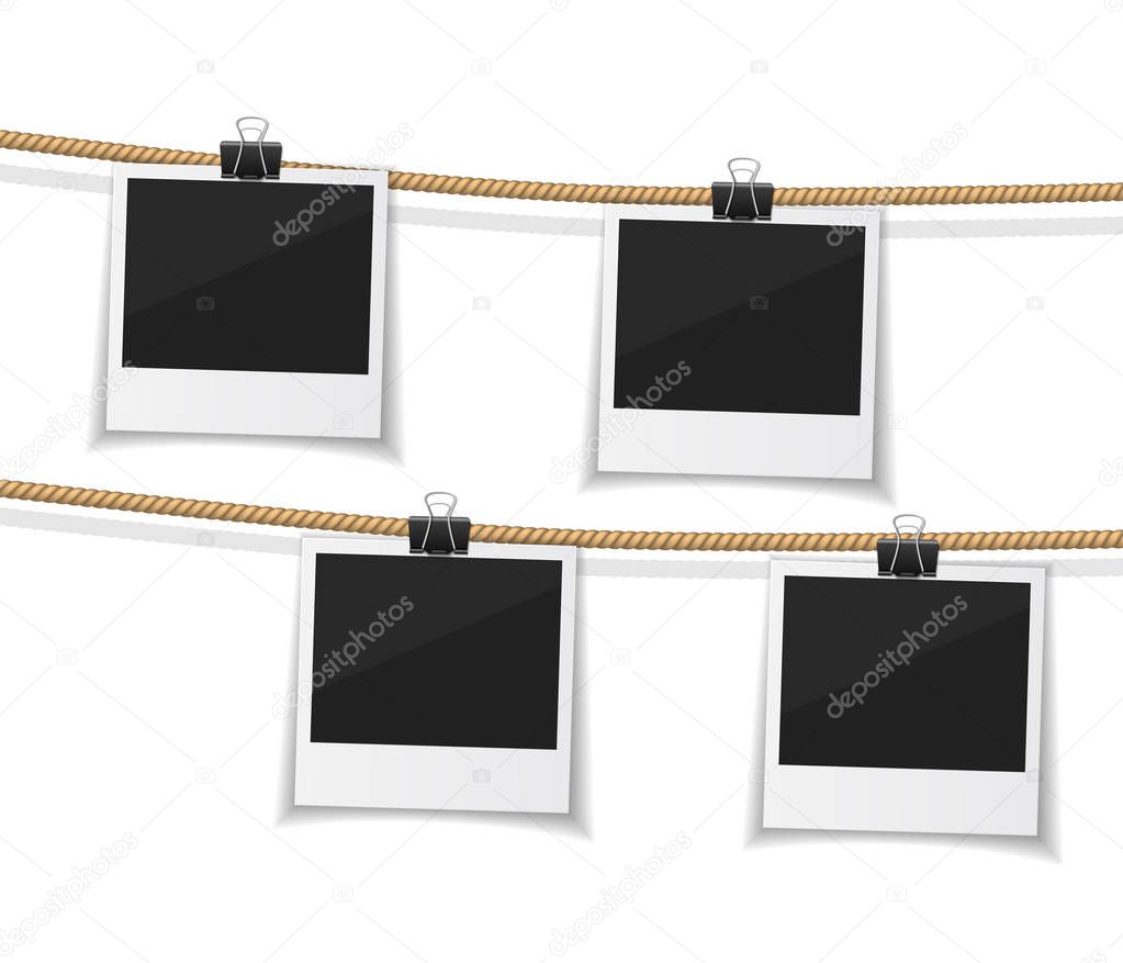 Set of vector  photo hanged on rope. Realistic retro style instant fotos with thread. Collect moments