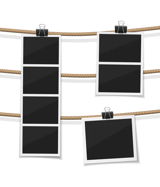 Uppsättning vektor photobooth och foton hängd på repet. Realistiska retro stil instant fotos med tråd. Kom ihåg ögonblicket — Stock vektor