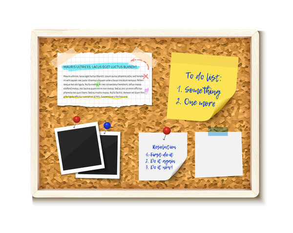 Доска объявлений с фотографиями, записками и разорванными бумажками
