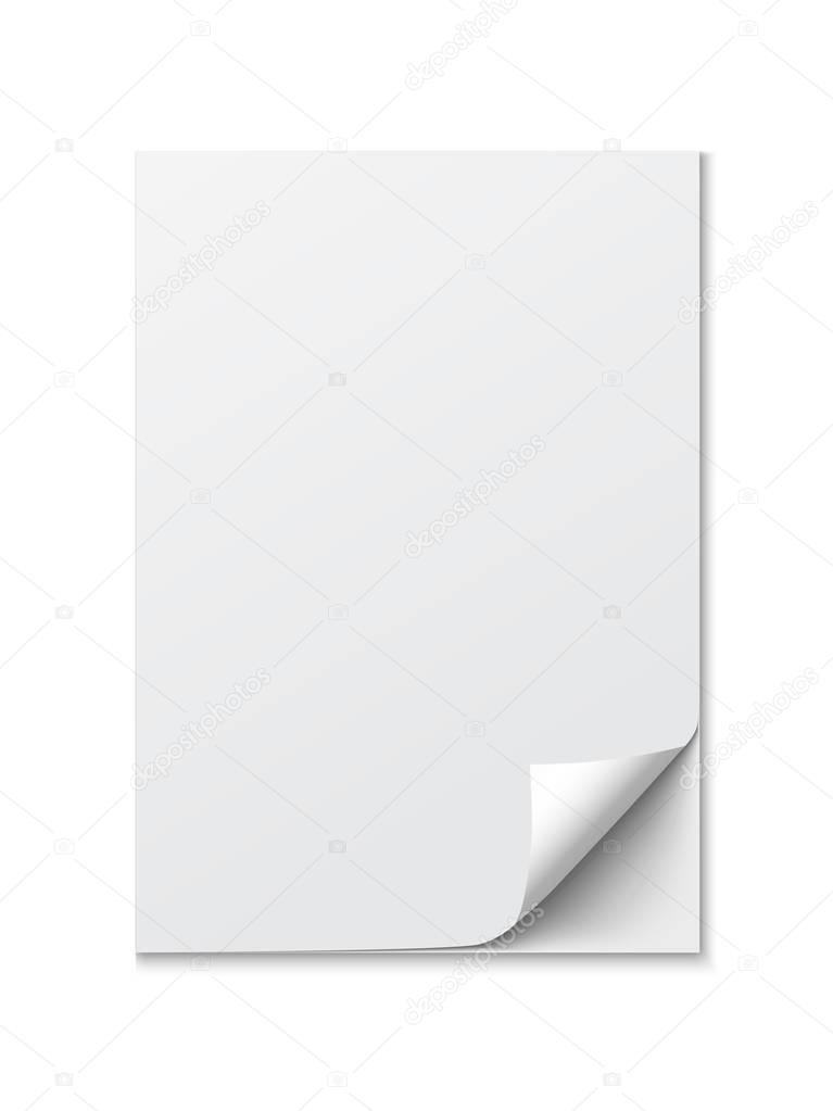 Close up of a paper with curled edge on white background