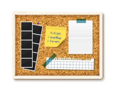 Corkboard ahşap çerçeve ile sabitlenmiş öğeler