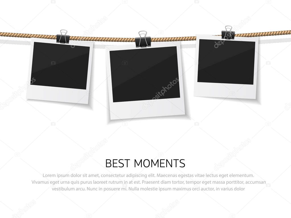 Enjoy every moment. Set of vector polaroid photo hanged on rope. Realistic retro style instant fotos with thread