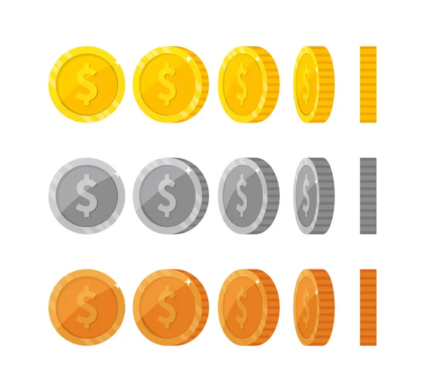 Dibujos animados planos monedas de oro y plata con dólar symbo — Vector de stock