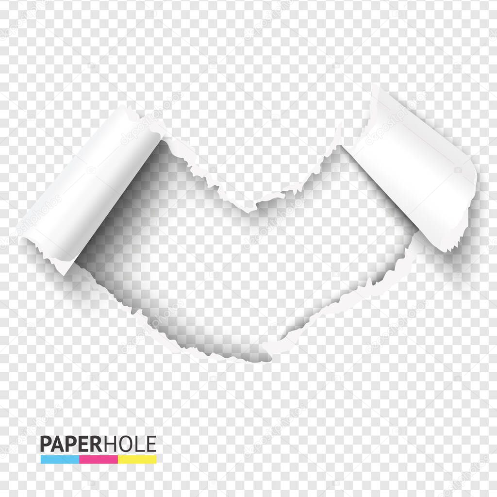 Blank torn edge paper hole banner on transparent background for love, kiss, heart ect. vector concept