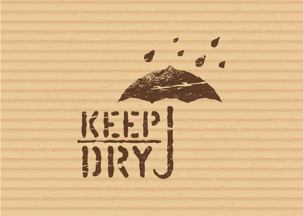 Grunge keep dry sign with umbrella on cardboard box for logistics or cargo. Vector illustration — Stok Vektör