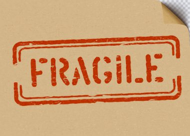 Grunge Fragile on cardboard background for logistics or cargo. Vector illustration box sign with bent craft paper corner